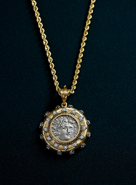 超级重磅布契拉提风太阳神古币吊坠项链18k复古拉丝钻石镶嵌吊坠