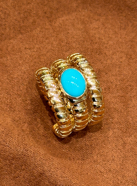 有生珠宝天然原矿睡美人绿松石弹簧戒指18k厚金简约时髦戒指