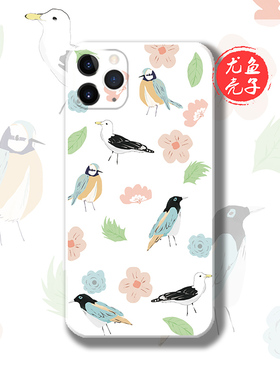 创意少女可爱平铺小鸟适用于苹果13荣60P50荣耀60三星S21手机壳