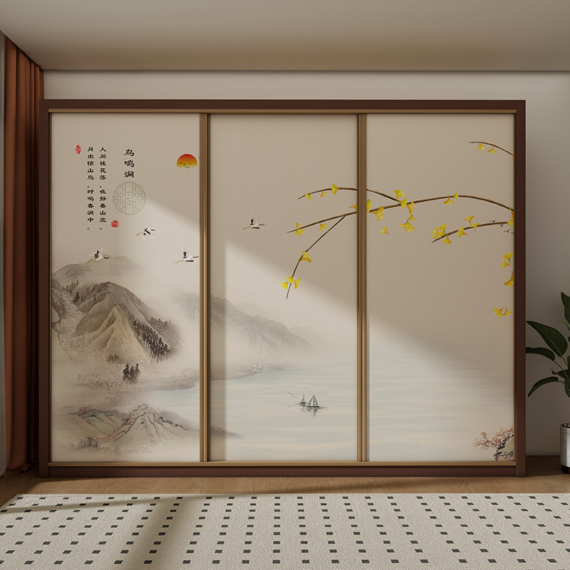 新中式山水画玻璃门贴纸阳台客厅隔断卫生间移门装饰布置改造贴画