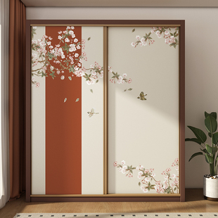 新中式衣柜门贴纸推拉门翻新改造自粘贴纸卧室房间专用墙纸自粘