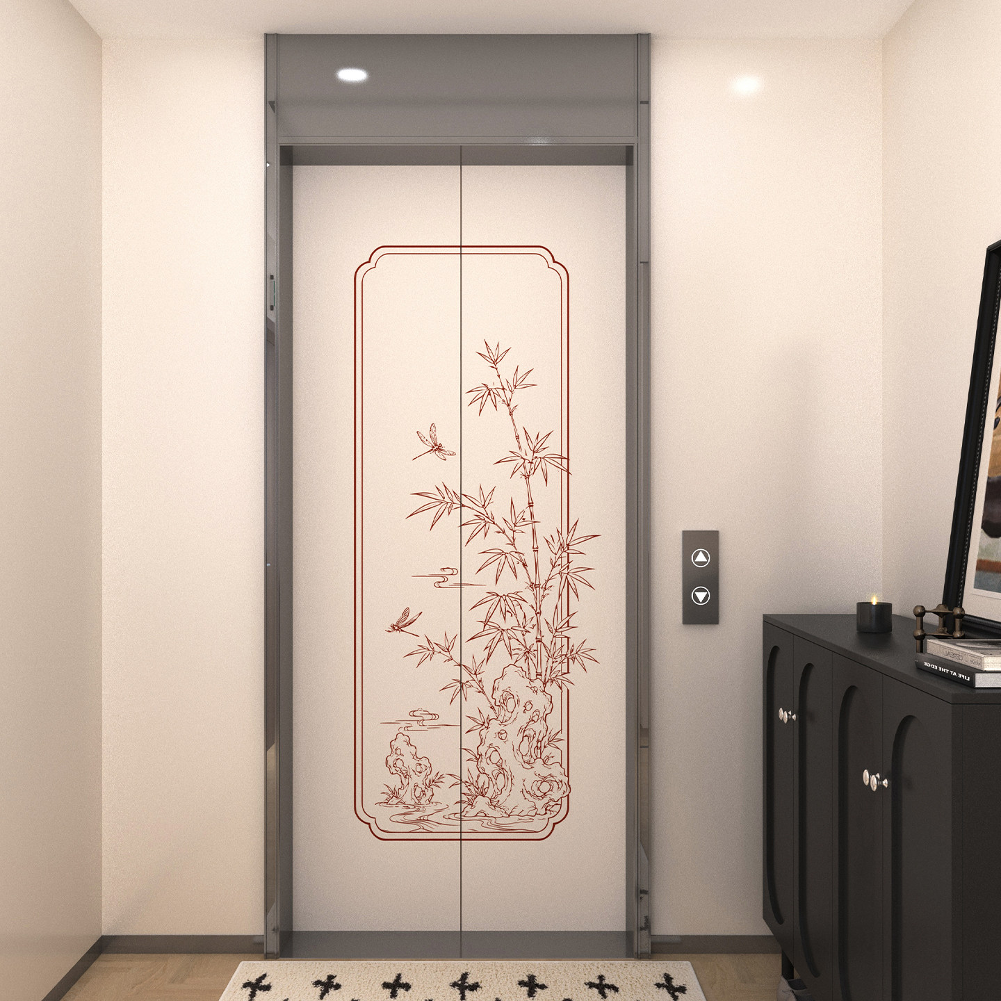 中式线描电梯门贴画禅意国风玄关电梯门翻新贴纸家用入户门装饰贴