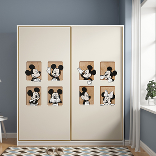 衣柜贴纸推拉门移门玻璃门翻新自粘卧室改造卡通米奇加厚防水墙纸