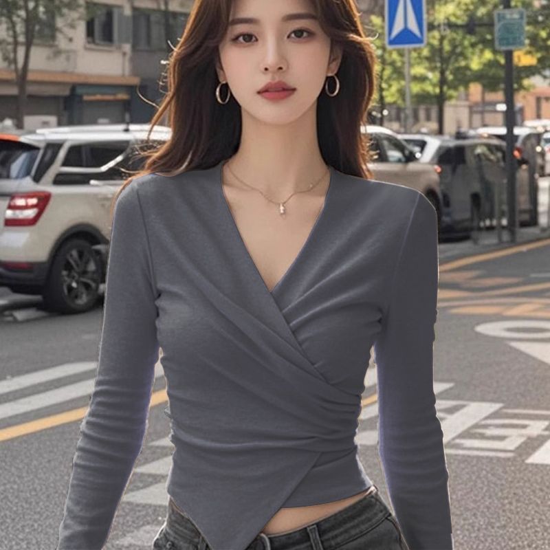 纯欲V领磨毛加绒打底衫女