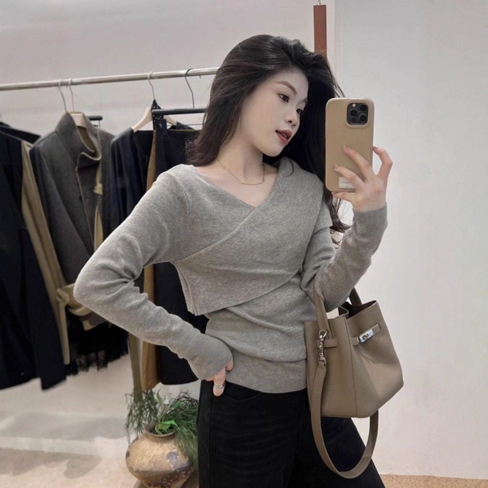 新品大码灰色慵懒风内搭打底衫秋冬胖MM遮肉显瘦针织T恤长袖上衣