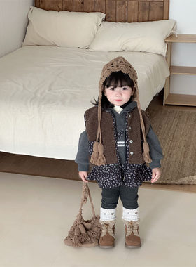 织里秋冬季童装女童韩版森系碎花拼接加绒卫衣裙皮毛一体马甲套装