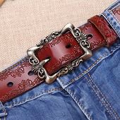 腰带女真皮夏牛仔裤 配饰纯牛皮宽休闲潮流复古雕花时尚 百搭皮带
