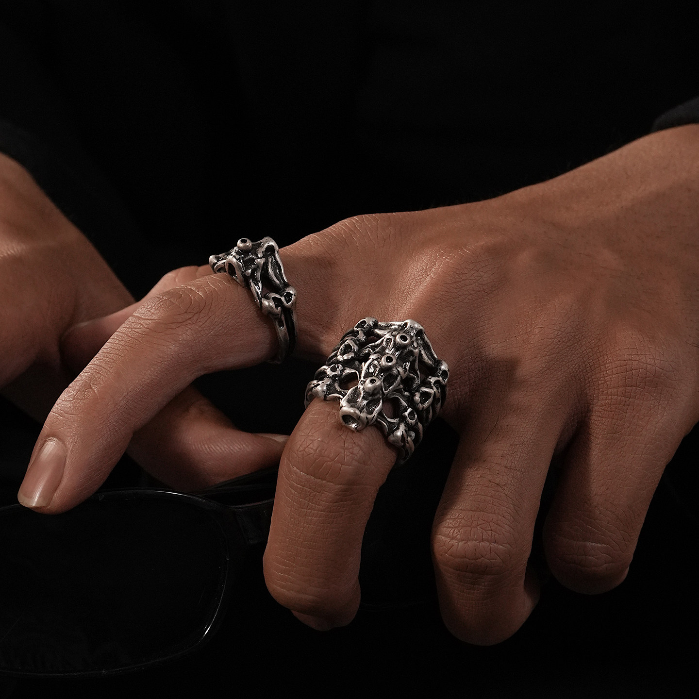 哥特暗黑风脊椎骨骼叠戴套装戒指