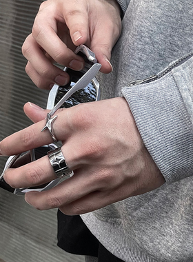 SAZ 闪耀星星光芒新款高级感冷淡风情侣对戒钛钢银色宽版叠戴戒指