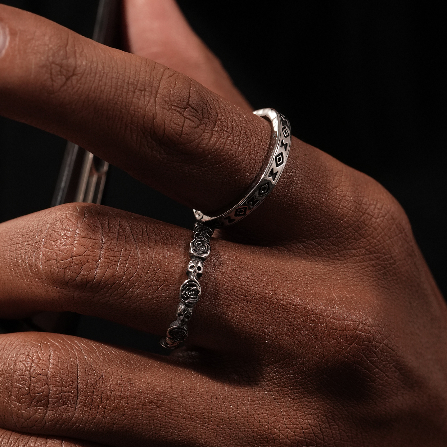 新中式哥特玫瑰骷髅图腾叠戴戒指