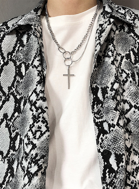 SAZ 2024新款小众嘻哈百搭甜酷欧美多层圆环十字项链男女网红潮小