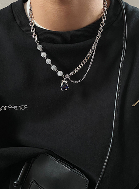 SAZ 2024新款小众高级粗款链条拼接项链蓝色锆石嘻哈街头潮酷配饰