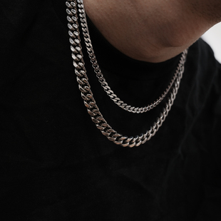 SAZ通勤风高级Cuban古巴链男女潮金属银色素链锁骨链颈链钛钢项链