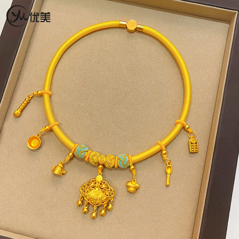 古法沙金镂空健康快乐平安锁锦衣玉食婴儿挂坠麒麟黄项圈道具送礼