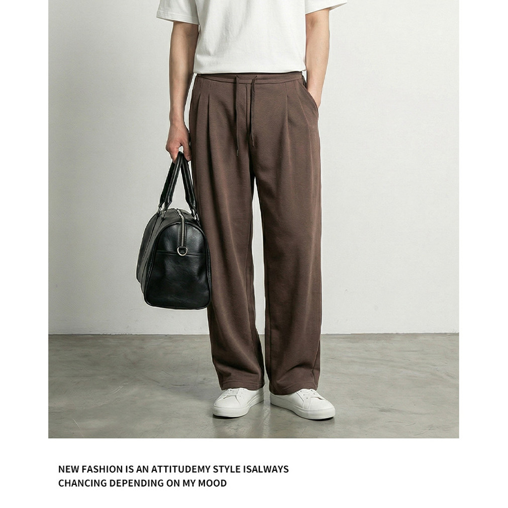 春秋季款男装卫裤宽松直筒阔腿弯刀裤松紧腰双褶休闲百搭长裤男生