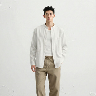 男装春夏款白色洗水长袖纯棉衬衫男女同款立领休闲老钱风衬衣外套