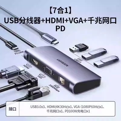 UGREEN绿联60557 Type-C扩展坞USB-C转HDMI/VGA转换器千兆网CM256