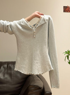 蕾丝拼接翻领长袖修身内搭针织衫女春秋季假两件木耳边打底衫上衣