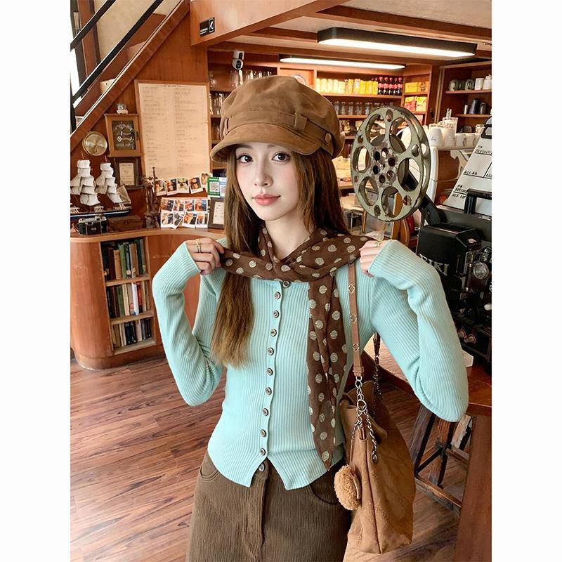 te1ti绿色正肩长袖针织衫女早秋季修身紧身内搭打底衫小个子上衣