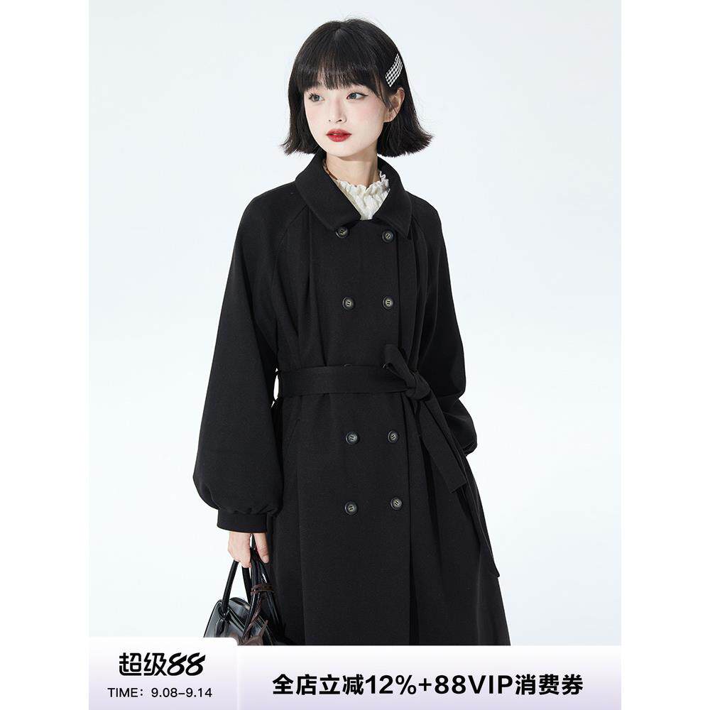 小葱良裁 黑色双排扣毛呢大衣外套女长款宽松覆古小个子呢子冬装