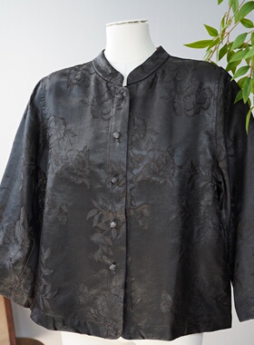 彩云裳—古典黑檀款香云纱立领排扣牡丹提花刺绣新中式女58121