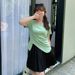 夏季 上衣显瘦遮肉小众不规则T恤女 收腰大码 胖mm设计感V领正肩短袖