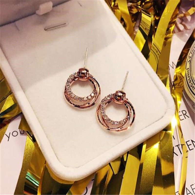 日韩魅力耳饰 时尚百搭简约个性闪耀满钻ins环形小圆圈吊坠耳钉女