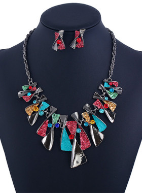 欧美夸张合金水钻新娘项链耳环