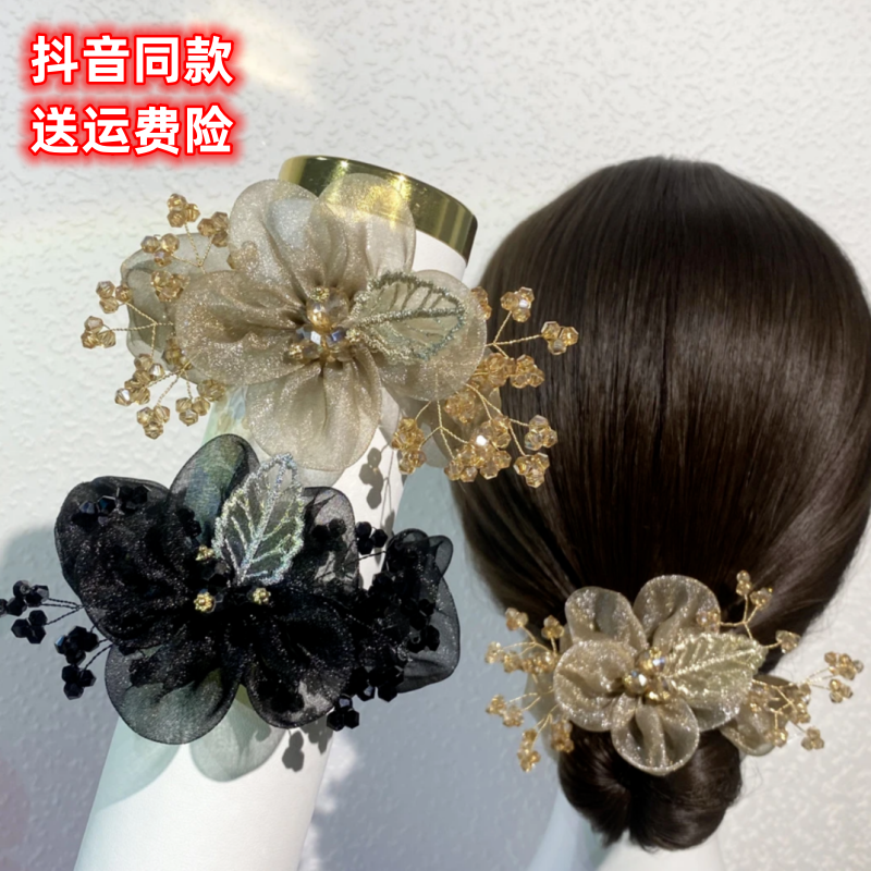 非金属布艺发饰 新款树叶刺绣纱花发圈马尾头绳轻奢女花头发饰