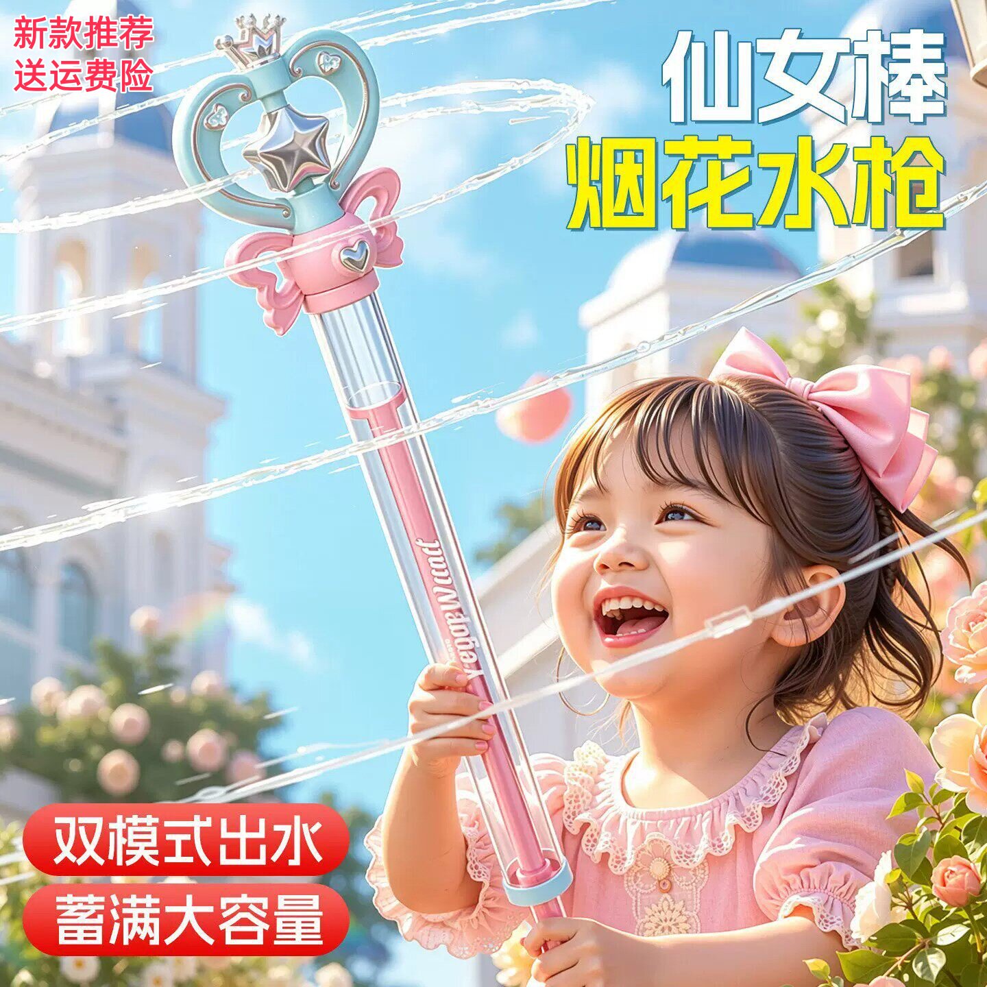 魔法仙女棒水枪儿童抽拉式玩水打水仗呲水枪新款女孩电动发光玩具