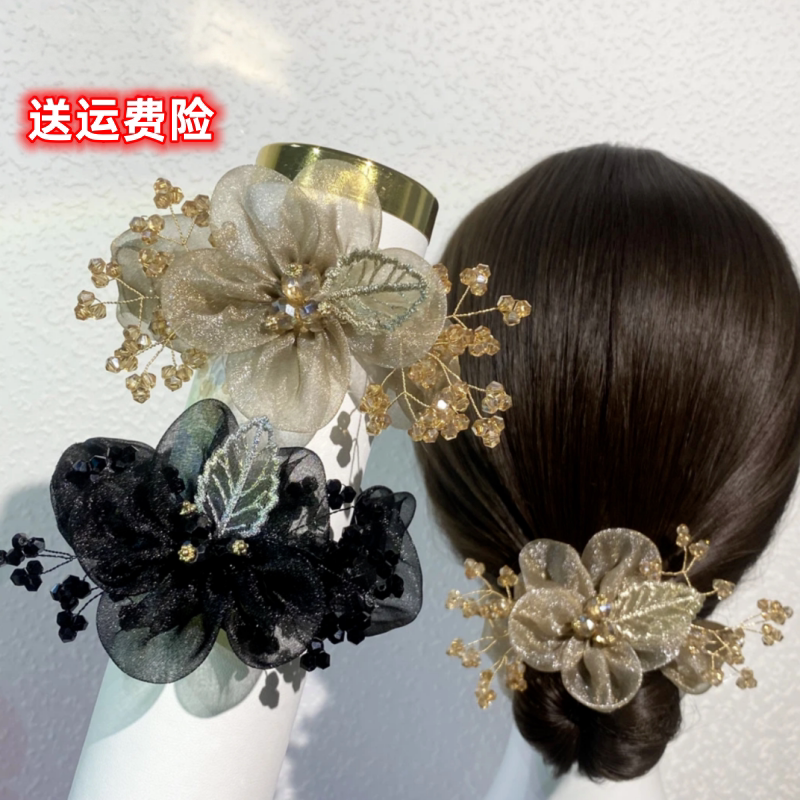 非金属布艺发饰 新款树叶刺绣纱花发圈马尾头绳轻奢女花头发饰