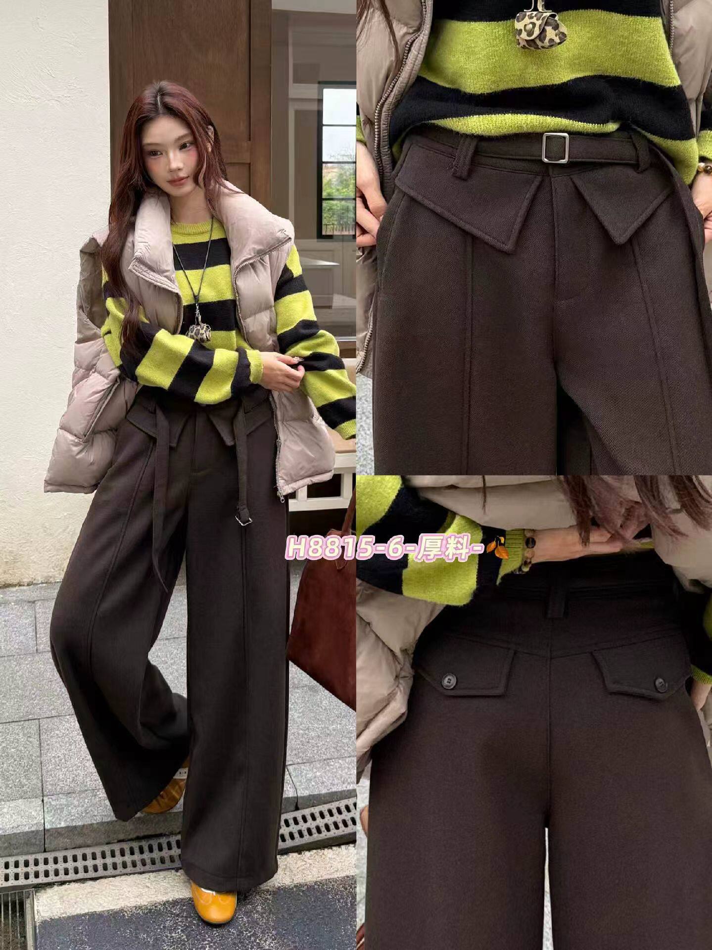 2026秋冬JEANS采丫8815厚料休闲裤女翻盖假二件弯刀裤压线拖地裤