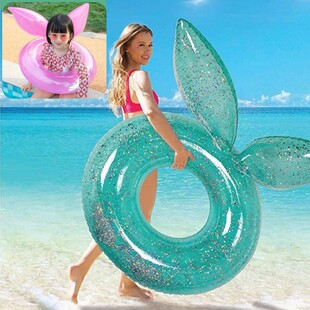 出口加厚亮片蓝兔子耳朵儿童游泳圈成人粉卡通美人鱼坐圈女腋下圈