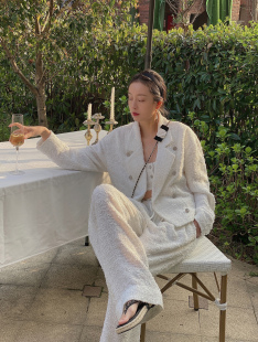 定制tweed复古廓形西装 2022 外套 抽带裤 女 一字肩吊带套装 Bow