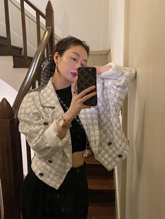 Bow 口袋双排扣外套 2022 复古廓形经典  限量 tweed黑白格纹