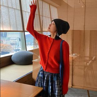 小圆领包扣橘红针织开衫 「深冬」100羊毛优雅复古经典 bow