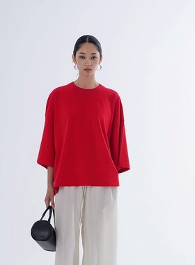 A Bow 2025|「夏」 100纯棉 基础款极简宽松落肩圆领红色T恤