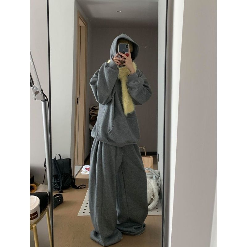 秋冬大码加绒加厚休闲运动套装男女款300斤宽松卫衣+阔腿裤两件套