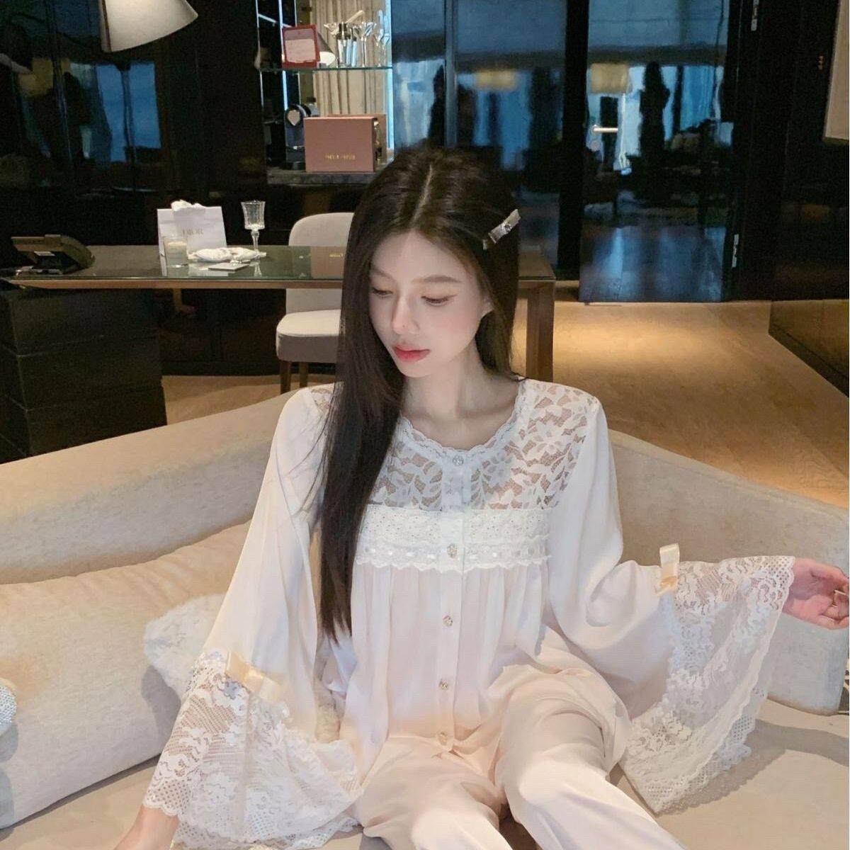 超大码300斤法式设计感蕾丝方领睡衣女秋季高级感家居服两件套装2