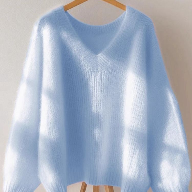 胖MM大码300斤宽松高级感针织毛衣秋冬蓝色多巴胺V领套头简约上衣