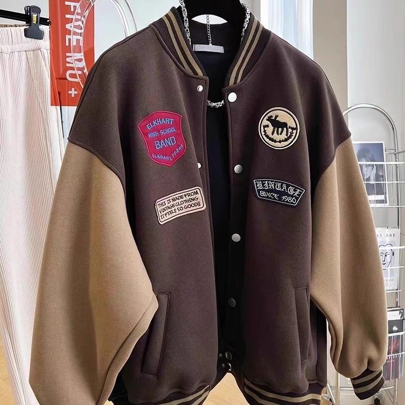 大码300斤时尚撞色棒球服外套男女秋冬新款宽松洋气加绒开衫卫衣