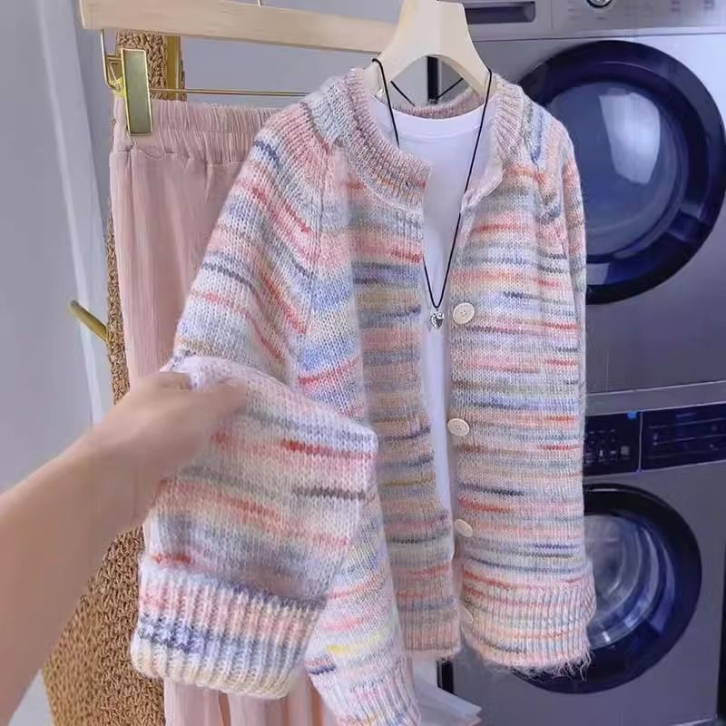 特大码300斤秋冬慵懒风撞色条纹毛衣女温柔甜美日系针织开衫外套