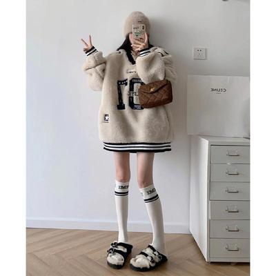 特大码300斤美式潮牌超厚卫衣男女冬季加绒宽松v领字母棒球服上衣