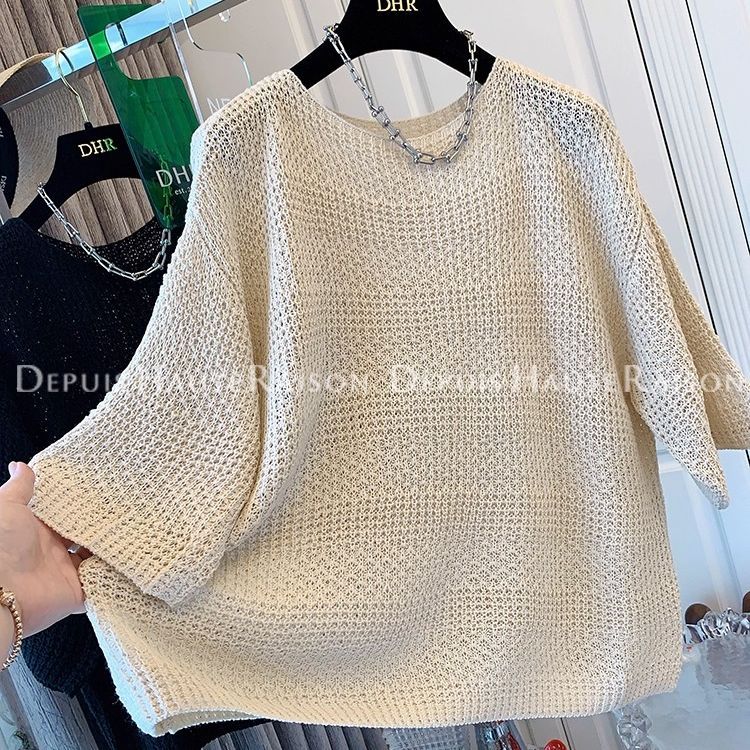 特大码300斤超好看法式钩花针织衫七分袖上衣胖mm宽松蝙蝠袖T恤