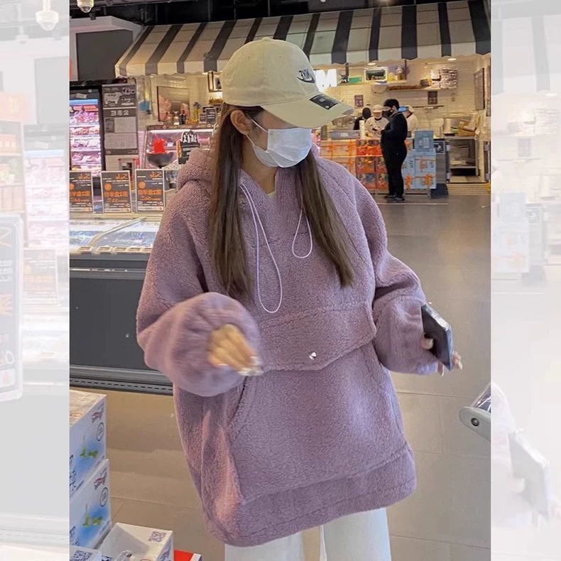 胖mm大码300斤甜美气质羊羔绒连帽卫衣秋冬新款宽松休闲保暖上衣