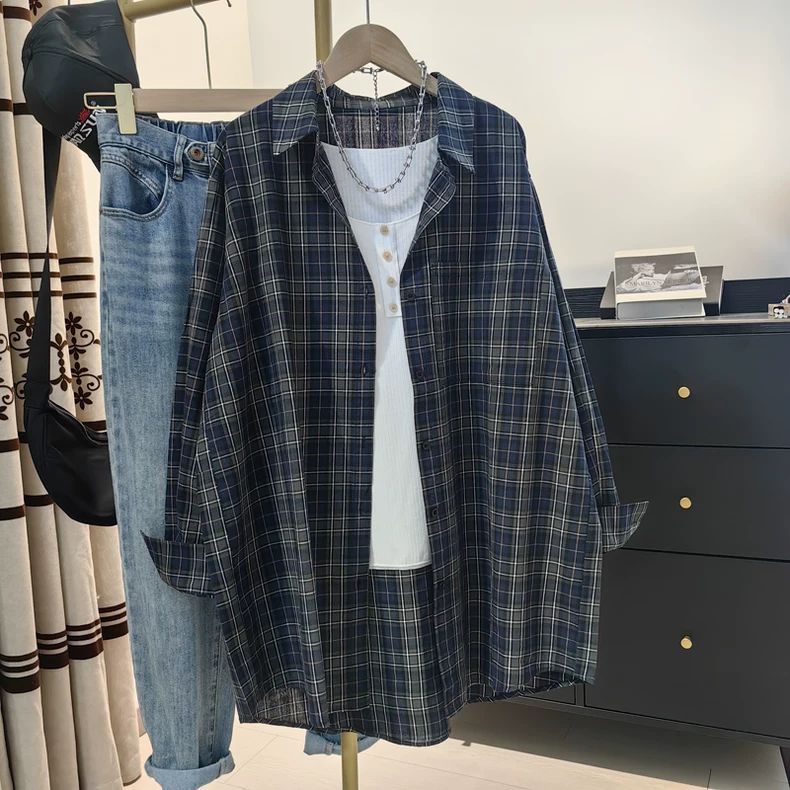 加大码300斤韩版慵懒风格子衬衫男女秋季新款慵懒风百搭衬衣外套