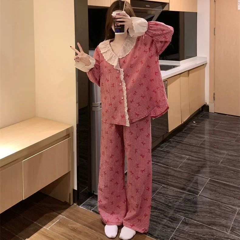 加大码300斤韩系格子蝴蝶结睡衣女春秋款蕾丝长袖家居服两件套装