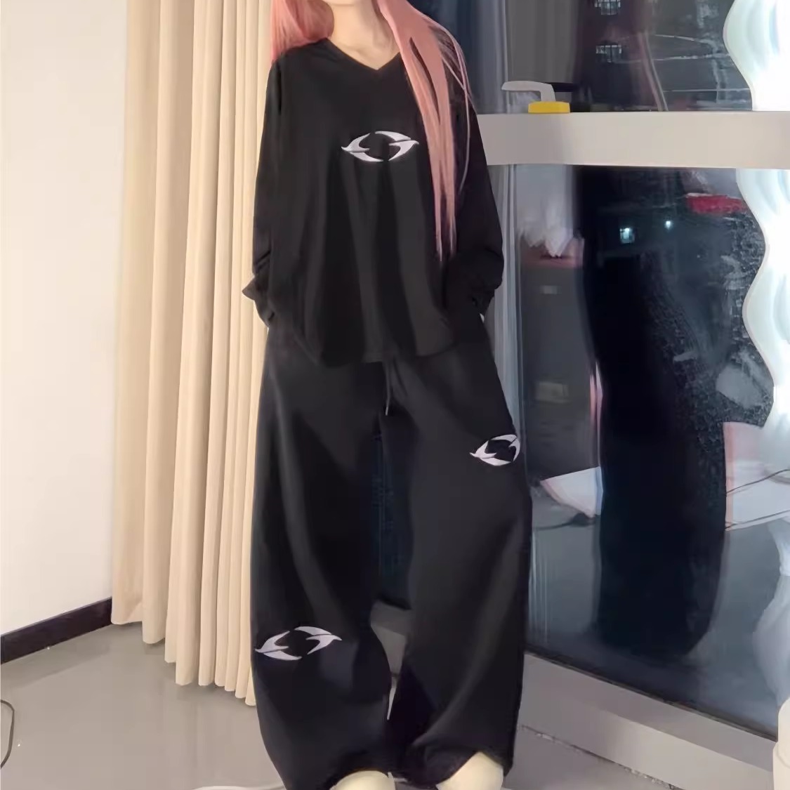 大码300斤美式休闲运动套装男女同款秋季宽松显瘦长袖长裤两件套