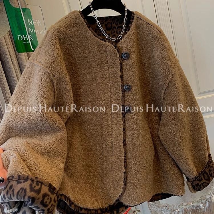 特大码300斤超好看豹纹羊羔毛皮毛一体外套冬季新款加绒加厚开衫