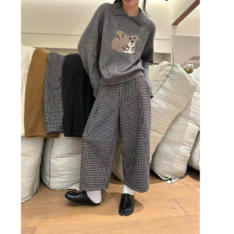 2025冬季呢料加绒格子裤阔腿裤